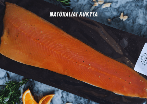 Šalto rūkymo vakuumuota Arktinės palijos filė su oda (lot.Salvelinus Alpinus)